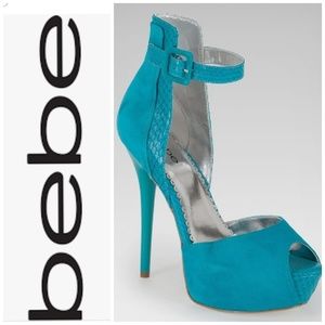 bebe turquoise peacock Lucie peep toe high heel